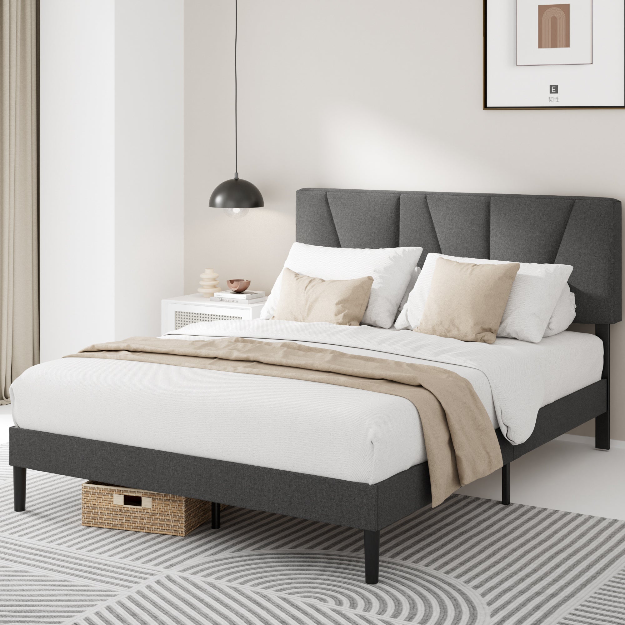 Maya Asymmetric Upholstered Platform Bed, Dark Grey