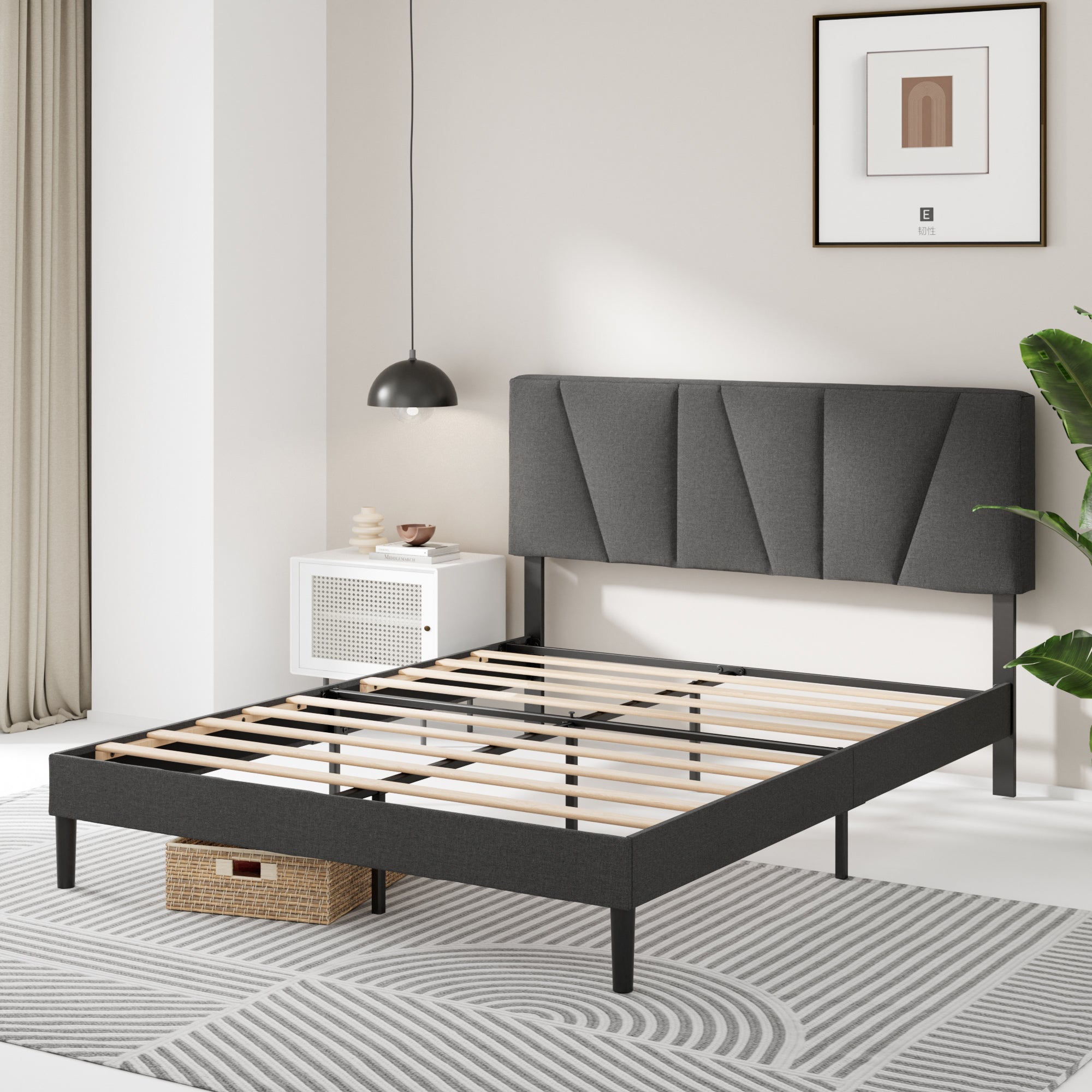 Maya Asymmetric Upholstered Platform Bed, Dark Grey