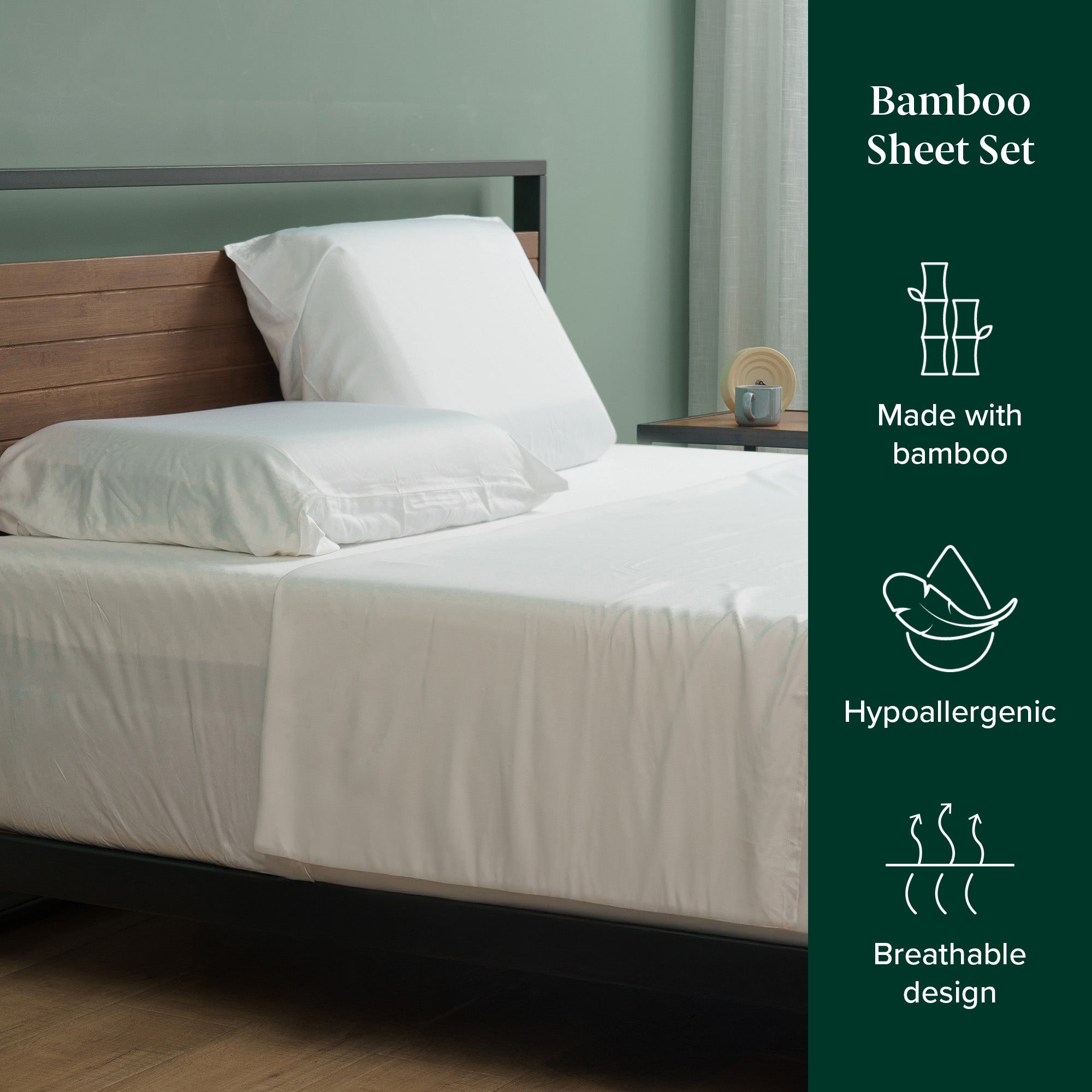 Sleep peacefully with moisture-wicking bamboo sheets, designed for comfort and sustainability. Available in Twin, Full, Queen and King sizes.